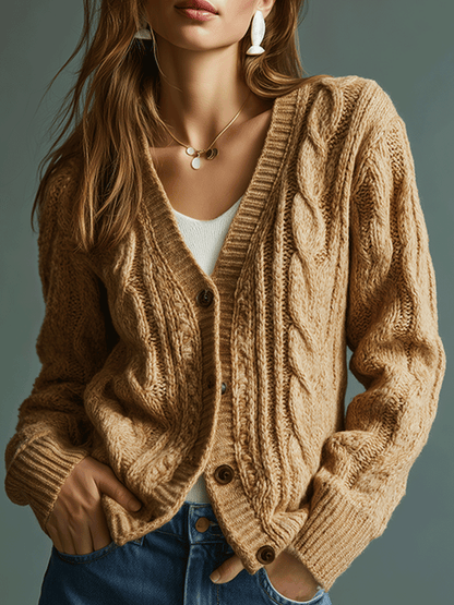 Cozy Camel Cable Knit Button Cardigan