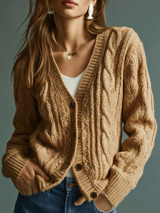 Cozy Camel Cable Knit Button Cardigan